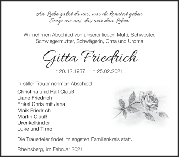Traueranzeige von Gitta Friedrich von Märkische Oderzeitung