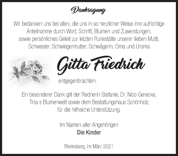Traueranzeige von Gitta Friedrich von Märkische Oderzeitung