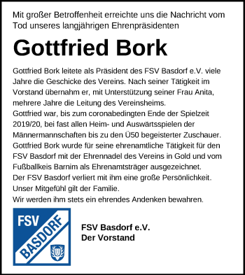 Traueranzeige von Gottfried Bork von Märkische Oderzeitung