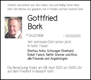 Traueranzeige von Gottfried Bork von Märkische Oderzeitung