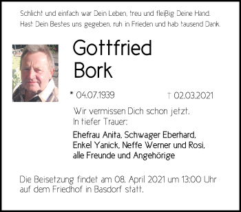 Traueranzeige von Gottfried Bork von Märkische Oderzeitung