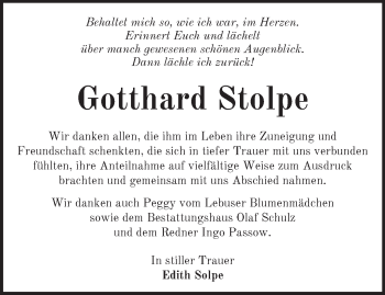 Traueranzeige von Gotthard Stolpe von Märkische Oderzeitung