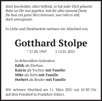 Traueranzeige von Gotthard Stolpe von Märkische Oderzeitung