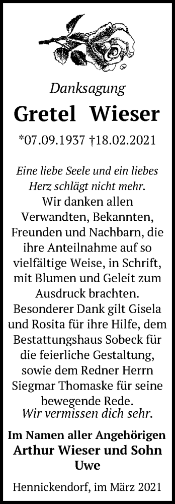 Traueranzeige von Gretel Wieser von Märkische Oderzeitung