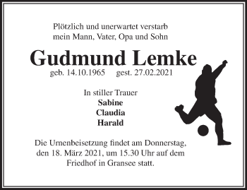 Traueranzeige von Gudmund Lemke von Märkische Oderzeitung