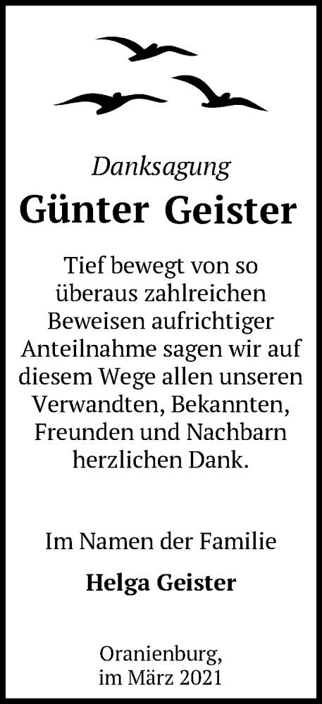  Traueranzeige für Günter Geister vom 24.03.2021 aus Märkische Oderzeitung