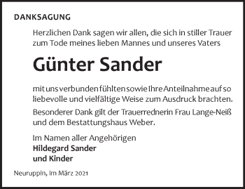 Traueranzeige von Günter Sander von Märkische Oderzeitung