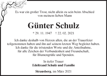 Traueranzeige von Günter Schulz von Märkische Oderzeitung