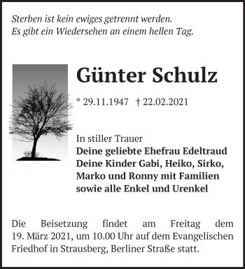 Traueranzeige von Günter Schulz von Märkische Oderzeitung