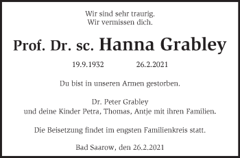 Traueranzeige von Hanna Grabley von Märkische Oderzeitung