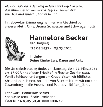 Traueranzeige von Hannelore Becker von Märkische Oderzeitung