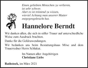 Traueranzeige von Hannelore Berndt von Märkische Oderzeitung