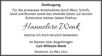 Traueranzeige von Hannelore Wenk von Märkische Oderzeitung