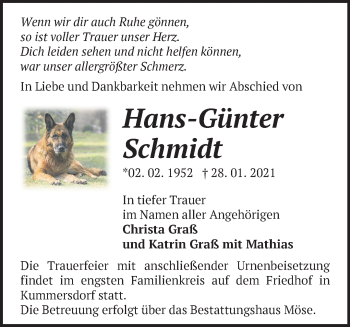 Traueranzeige von Hans-Günter Schmidt von Märkische Oderzeitung