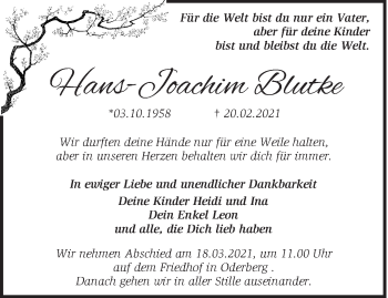 Traueranzeige von Hans-Joachim Blutke von Märkische Oderzeitung