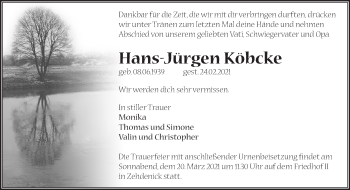 Traueranzeige von Hans-Jürgen Köbcke von Märkische Oderzeitung