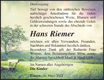 Traueranzeige von Hans Riemer von Märkische Oderzeitung