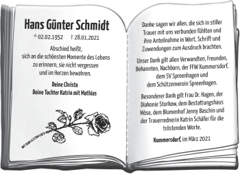 Traueranzeige von Hans Günter Schmidt von Märkische Oderzeitung