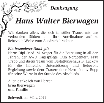 Traueranzeige von Hans Walter Bierwagen von Märkische Oderzeitung