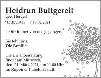 Traueranzeige von Heidrun Buttgereit von Märkische Oderzeitung