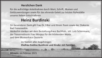 Traueranzeige von Heinz Burdinski von Märkische Oderzeitung