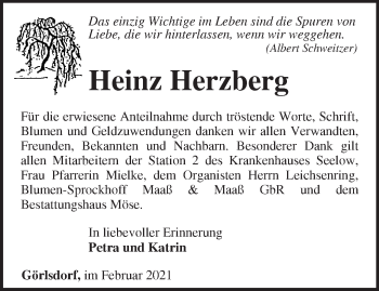 Traueranzeige von Heinz Herzberg von Märkische Oderzeitung