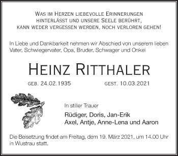 Traueranzeige von Heinz Ritthaler von Märkische Oderzeitung