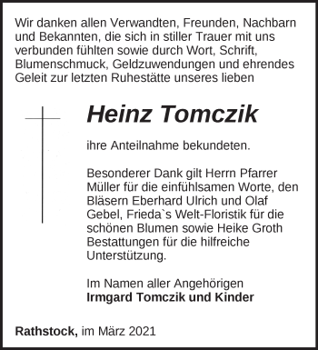 Traueranzeige von Heinz Tomczik von Märkische Oderzeitung