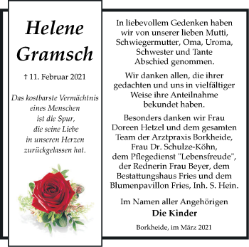 Traueranzeige von Helene Gramsch von Märkische Oderzeitung