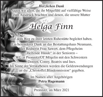 Traueranzeige von Helga Finn von Märkische Oderzeitung