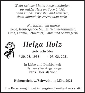 Traueranzeige von Helga Holz von Märkische Oderzeitung