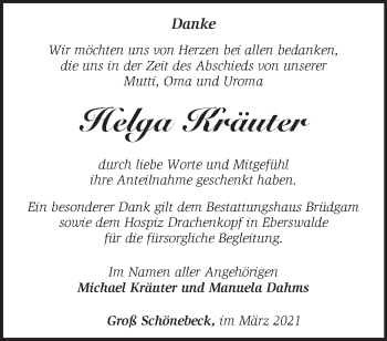 Traueranzeige von Helga Kräuter von Märkische Oderzeitung