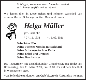 Traueranzeige von Helga Müller von Märkische Oderzeitung
