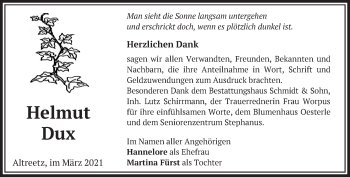 Traueranzeige von Helmut Dux von Märkische Oderzeitung