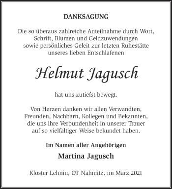 Traueranzeige von Helmut Jagusch von Märkische Oderzeitung