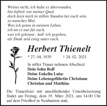 Traueranzeige von Herbert Thienelt von Märkische Oderzeitung