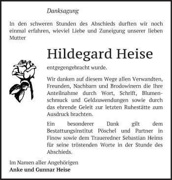 Traueranzeige von Hildegard Heise von Märkische Oderzeitung