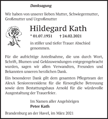 Traueranzeige von Hildegard Kath von Märkische Oderzeitung