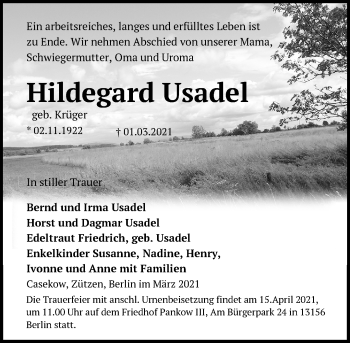 Traueranzeige von Hildegard Usadel von Märkische Oderzeitung