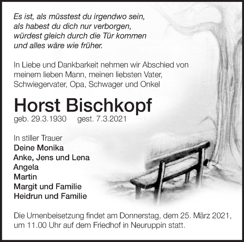  Traueranzeige für Horst Bischkopf vom 13.03.2021 aus Märkische Oderzeitung