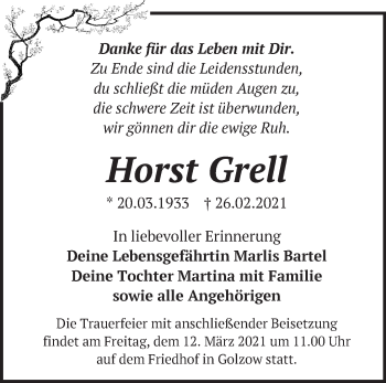 Traueranzeige von Horst Grell von Märkische Oderzeitung