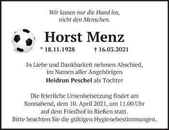 Traueranzeige von Horst Menz von Märkische Oderzeitung