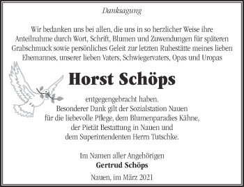 Traueranzeige von Horst Schöps von Märkische Oderzeitung