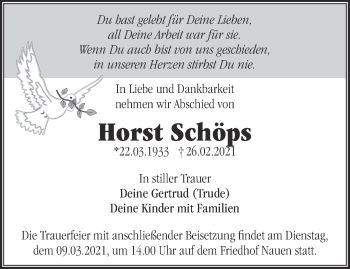 Traueranzeige von Horst Schöps von Märkische Oderzeitung