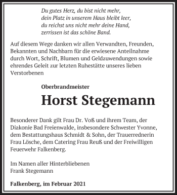 Traueranzeige von Horst Stegemann von Märkische Oderzeitung