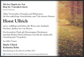 Traueranzeige von Horst Ullrich von Märkische Oderzeitung