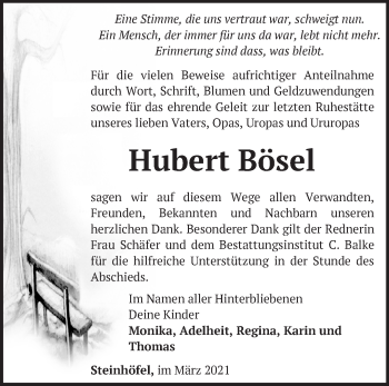 Traueranzeige von Hubert Bösel von Märkische Oderzeitung