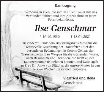 Traueranzeige von Ilse Genschmar von Märkische Oderzeitung