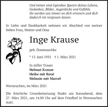 Traueranzeige von Inge Krause von Märkische Oderzeitung