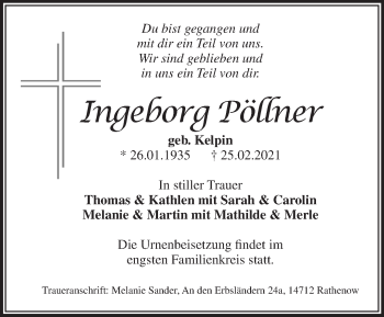 Traueranzeige von Ingeborg Pöllner von Märkische Oderzeitung